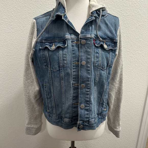 Levi's Denim Jacket with Gray Hooded Sleeves - Picture 1 of 5